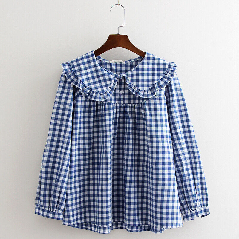 Check Shirt Girl Cotton Blouse Tops Ruffle Collar Long Check Shirt Girl Cotton Blouse Tops Ruffle Collar Long