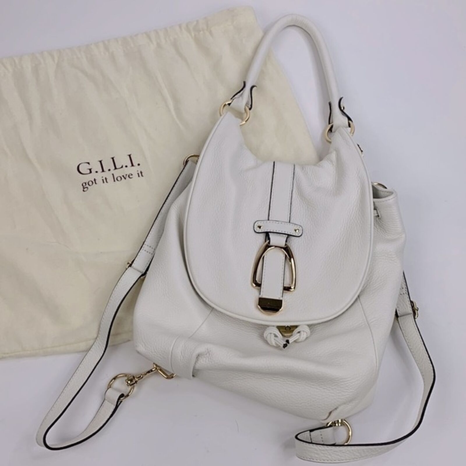 GILI White leather Backpack purse bag Gold hardware Lined Dustbag