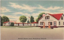 Norton's Modern Court in Walsenburg CO Postcard Gas Pumps