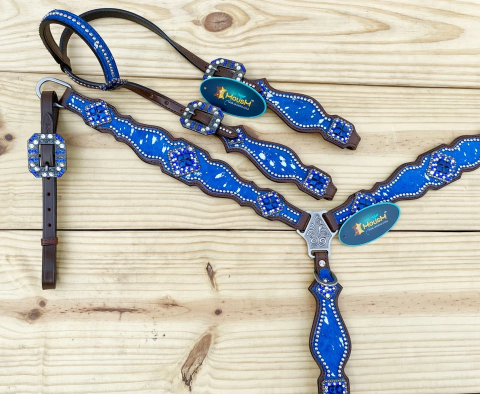 MOUSM Western Leather Headstall and Breast Collar Tack Set for Horse -Royal Blue - Image 2 of 4