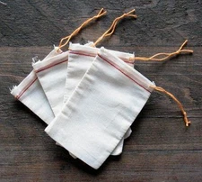 25 (3x5)Natural Muslin RED HEM orange drawstring bag for Parts