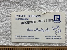 Vintage Business Card Everett Johnson Cove Realty Company La Jolla California