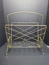Vntg MCM Magazine Rack LP Holder  Gold Colored Metal Hollywood Regency Mid Mod 