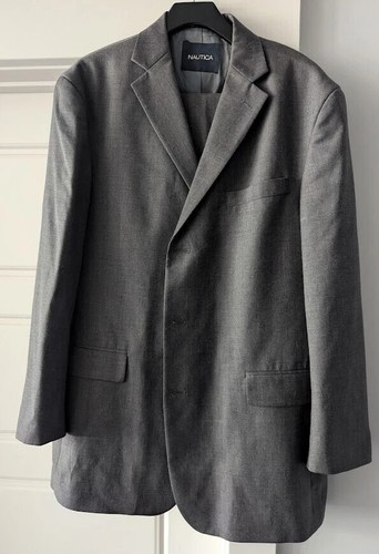 NAUTICA Suit Mens Size 43L 36x30 2-Piece Gray Solid Modern Fit Bi Stretch