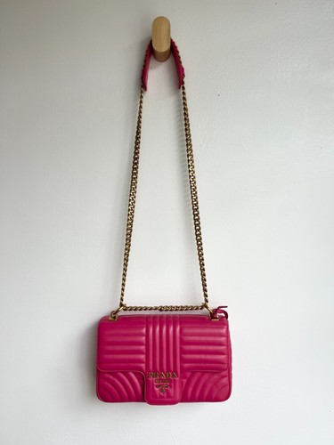 PRADA Diagramme Hot Pink Gold Chain Quilted Leather Small Crossbody Bag Purse - Picture 9 of 11