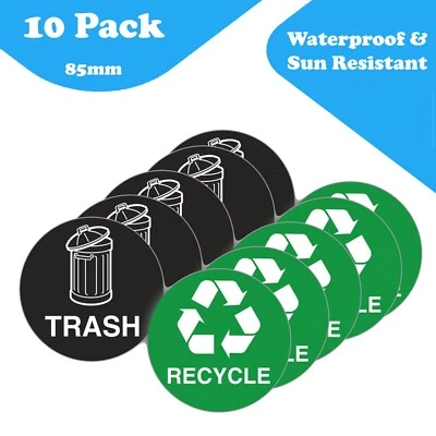 LUMEAN LTD 10-Pack Premium Weatherproof Trash & Recycle Bin Vinyl Stickers - 85mm Diameter,
