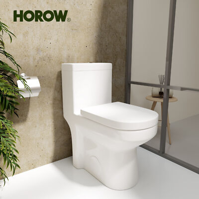 HOROW One Piece Toilet Dual Flush Elongated w/ Soft Closing Seat 10'' 12'' White