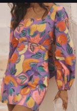 Anthropologie Farm Rio Fruit Print Long Sleeve Cutout Mini Dress NWOT Size XL