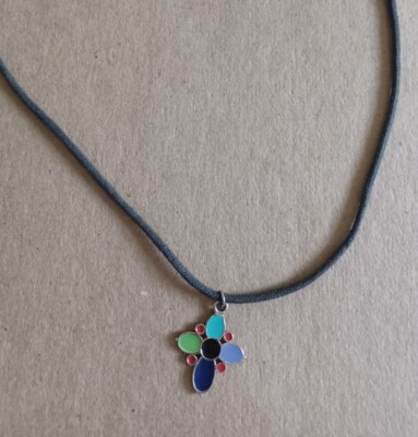 Vtg 2000's 90's Style Black Cord Necklace With Multicolor Enamel Cross Pendant