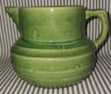 VTG 1920's McCOY STONEWARE POTTERY 121 SHIELD MARK GREEN GLAZE RING PITCHER JUG
