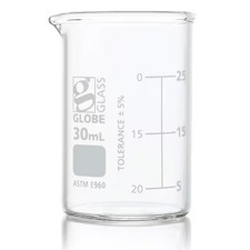 Beaker, Globe Glass, 30mL, Low Form Griffin Style, Dual Graduations, ASTM E960,