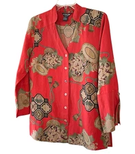 CITRON SANTA MONICA Size Small Red Silk Linen Button-Up 3/4 Sleeve Tunic Top