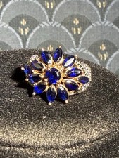 Beautiful Sterling Cocktail Ring /Blue Starburst Stones W Pave CZ At size 8