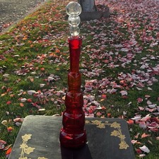 Bischoff Ruby Red Art Blown Glass Decanter MCM 20” Original Bubble Stopper Vtg