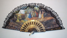 Vintage Fabric Lace Colonial Scene Hand Fan 17"