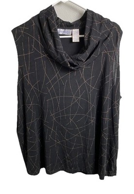 Impressions Of Ca Black Sleeveless Top Cowl Neck With Glitter Lines 3X Stretchy