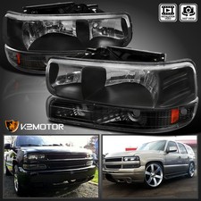 Fits 1999-2002 Silverado 2000-2006 Tahoe Suburban Black Headlights Bumper Lamps