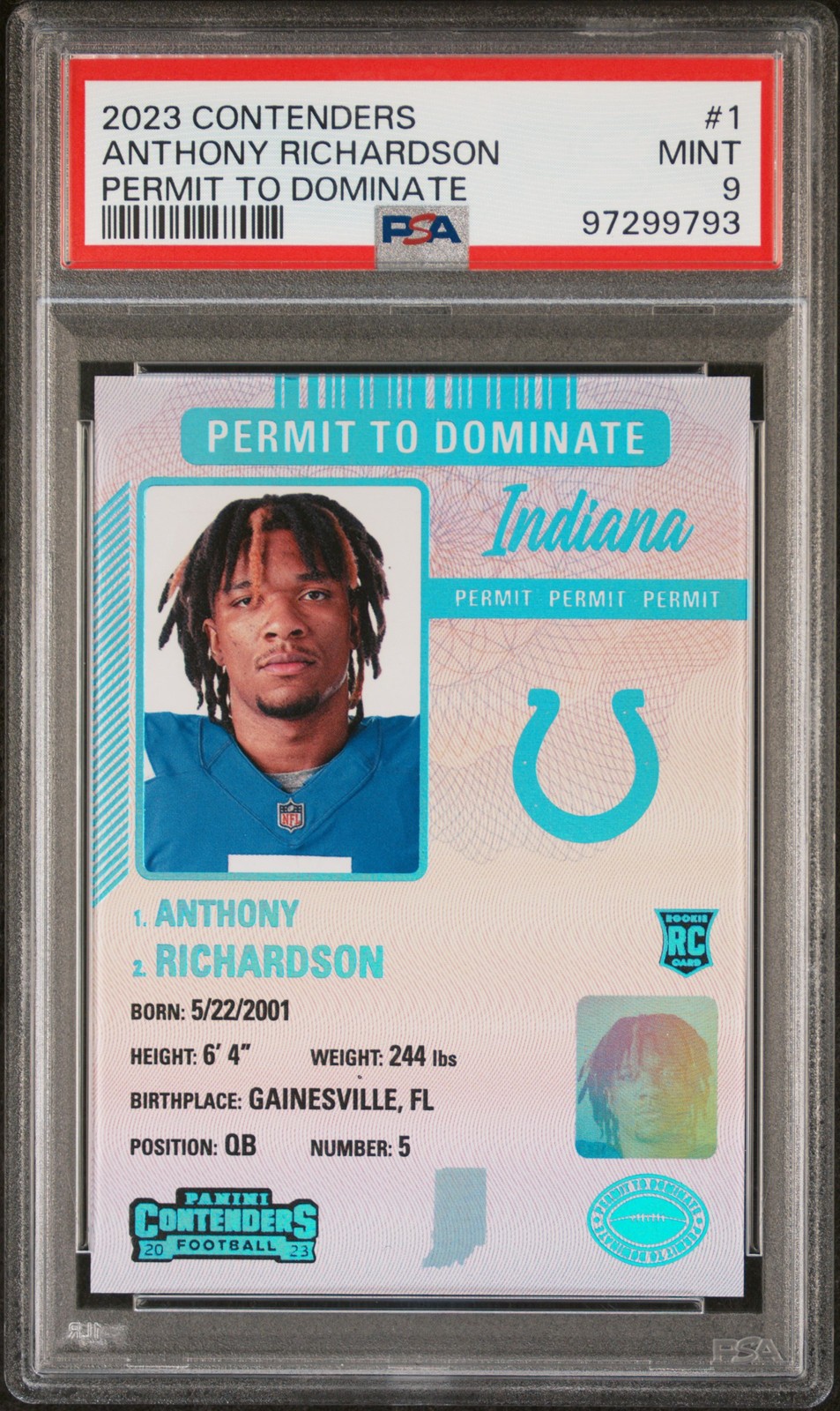 2023 Panini Contenders Permit To Dominate #1 Anthony Richardson PSA 9