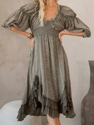 Young Threads V Neck Shirred Patchwork Ruffled Midi Vintage Style Dress