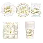 100pcs Hello Baby Party Tableware Set Gold & White Decor Wholesale Job Lot