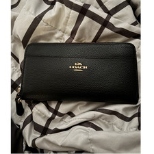 Coach Black Zip-Around Wallet Clutch, Gold Logo, Credit Card Slots, Women