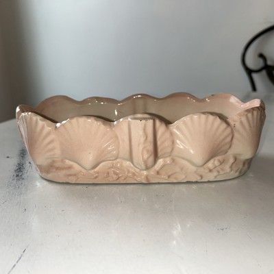 Light Pink Ceramic Planter with Scalloped Edge & Seashell Design 10 Lx5.75 Wx3 H