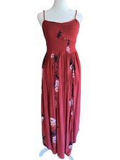 FREE PEOPLE Intimately Beau Smocked Red Floral Gauzy Maxi Dress Boho Romantic