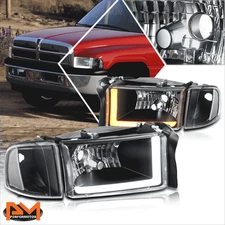 For 94-02 Dodge Ram 1500-3500 Switchback L-Shape LED DRL Headlights Black/Clear
