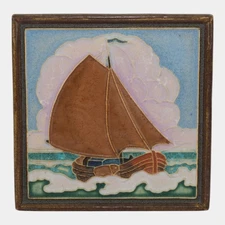 Delft De Porceleyne Fes Holland Art Deco Blue Sailboat Cloisonne Tile