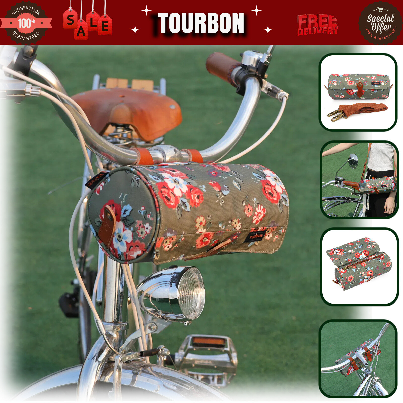 TOURBON Canvas Bicycle Handlebar Pouch Tube Frame Bag Clip on Bike Saddle Pack