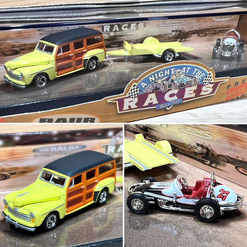 Vintage 1999 Hot Wheels Collectibles Night at the Races 48 Woodie & Race car Set