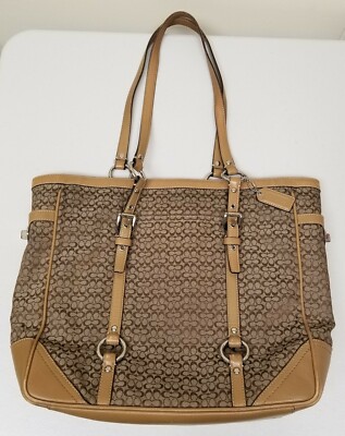 COACH Signature Khaki/Brown Jacquard Leather Tote Bag Purse #11527