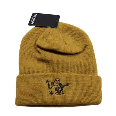 True Religion Beanie Mens Gold Embroidered Buddha Cuffed Knitted