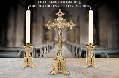 Crocifisso Da Altare San Pietro In Ottone Lucido – 43 Cm, Dettaglio Argentato, Base Ornata, Arredo Sacro - 2