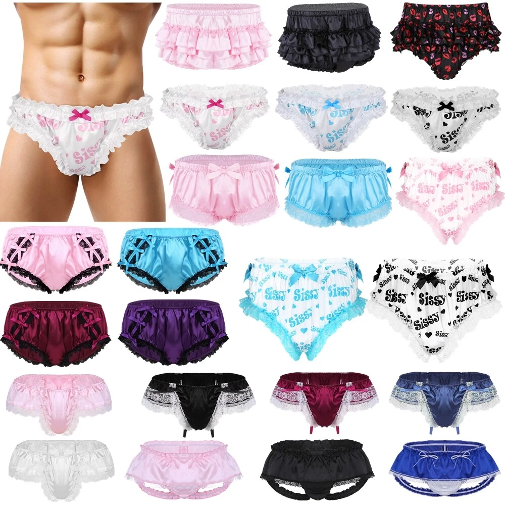 Men's Soft Satin Ruffled Bloomer Frilly Briefs Thong Sissy Underwear Panties