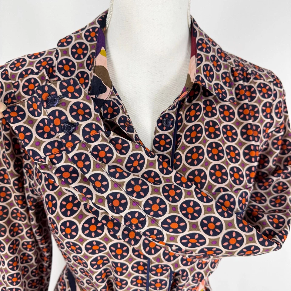 Camisa Trina Turk para mujer geométrica 100 % seda con cinturón talla 2 tostada multicolor Foto 3 de 4