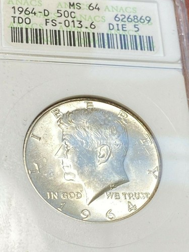 1964-D TDO Kennedy 50c FS-013.6 Old ANACS MS64 Dramatic Variety CHRC