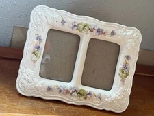 Burnes White Ceramic w Painted Purple & Pink Flowers Rectangle Shaped Double Pic