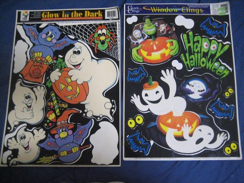 4 LARGE SHEETS HALLOWEEN WINDOW CLINGS GHOST BATS USED REUSEABLE COLORFUL PARTY - Picture 2 of 2
