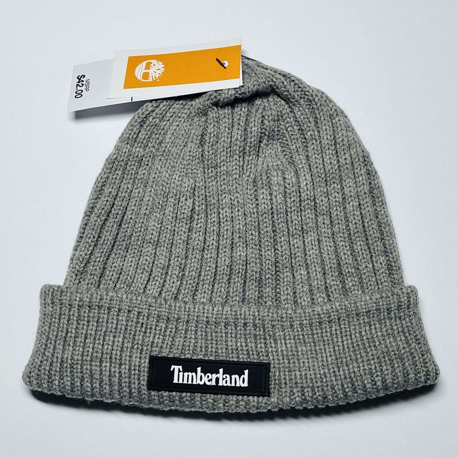 Timberland Gray Silver Knit Beanie Rib Cuff Patched Logo Winter Hat Cap Toboggan