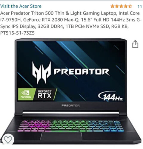 Computadora portátil para juegos Acer Predator 15,6" Triton 500 RTX 2080 MaxQ 144Hz 32 GB 1 TB - Imagen 1 de 5