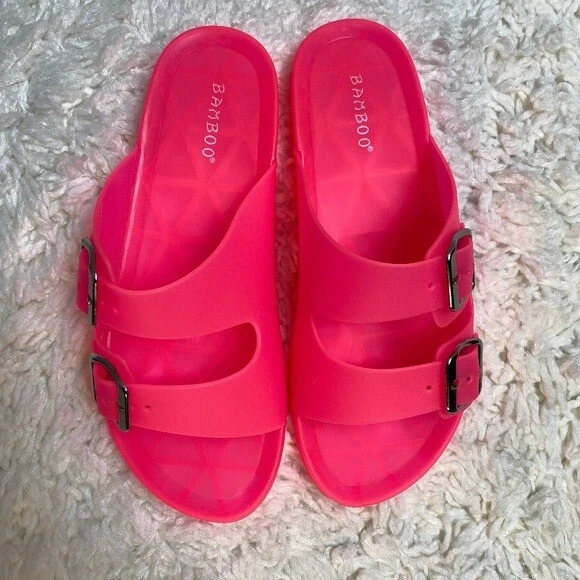 Bamboo Double Buckle Strap Open Round Toe Slide On Sandals Hot