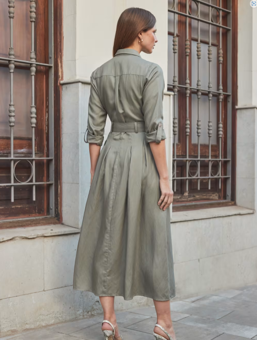 Dress Plus Size Khaki Utility Shirt Dress Midi Pleated Green Military Swing Shirt  Dress 3703  Xiaolizi