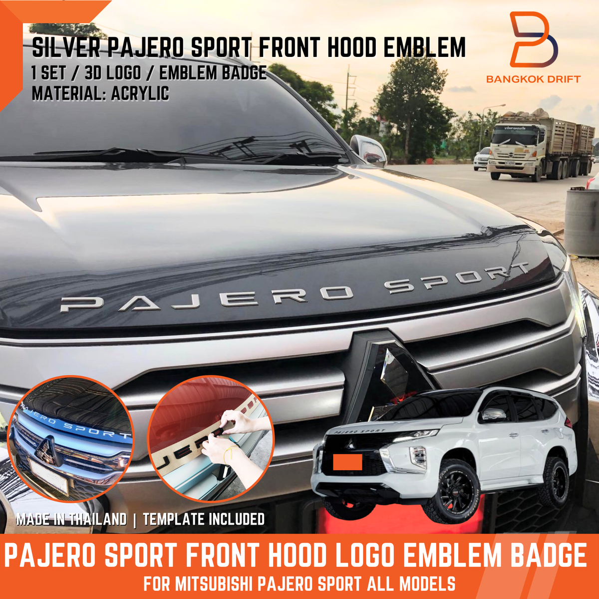 SILVER PAJERO SPORT HOOD 3D ACRYLIC LOGO EMBLEM BADGE Letter For