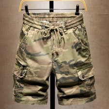 Mens Camouflage Cargo Shorts Elastic Waist Drawstring Combat Half Pants Summer