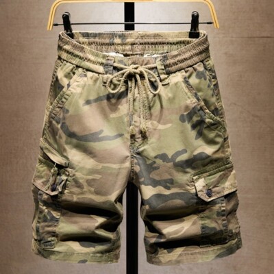 Mens Camouflage Cargo Shorts Elastic Waist Drawstring Combat Half Pants  Summer