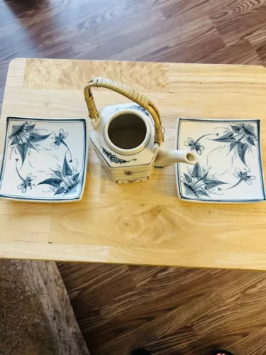 Vintage Vietnamese Bat Trang Dragonfly Teapot And Plates Serving Set