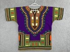 African Dashiki shirt adult large purple green cotton short sleeve pockets