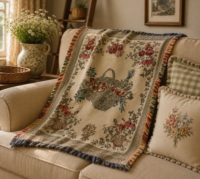 Vintage Crown Crafts Fringed Throw Blanket~Garden Harvest Basket Tapestry~44x55