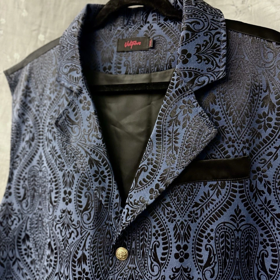 Vatpave Men XXL Brocade Vest Button Point Blue Black Floral Victorian Steampunk - Image 3 of 4